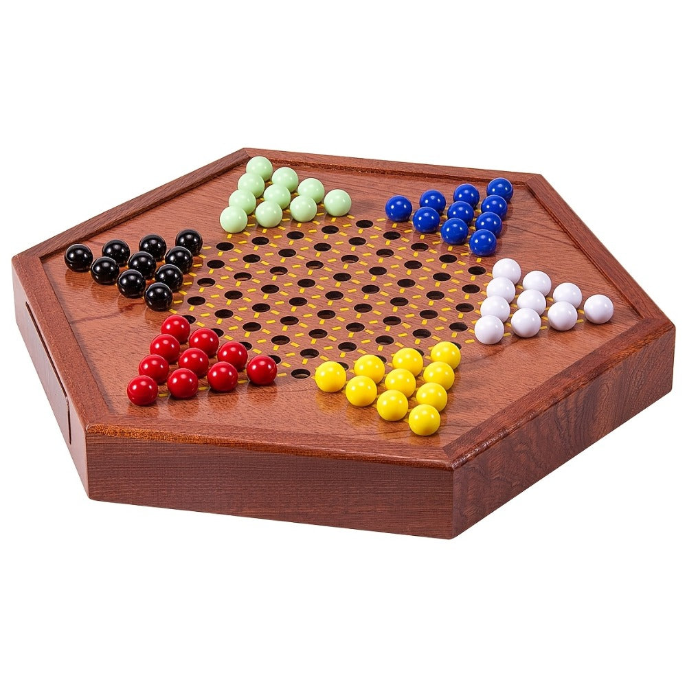 Deluxe Wooden Chinese Checkers Game Set 12.5 Inch Hexagonal Board with Storage Drawer 60 Acrylic Marbles — image 7