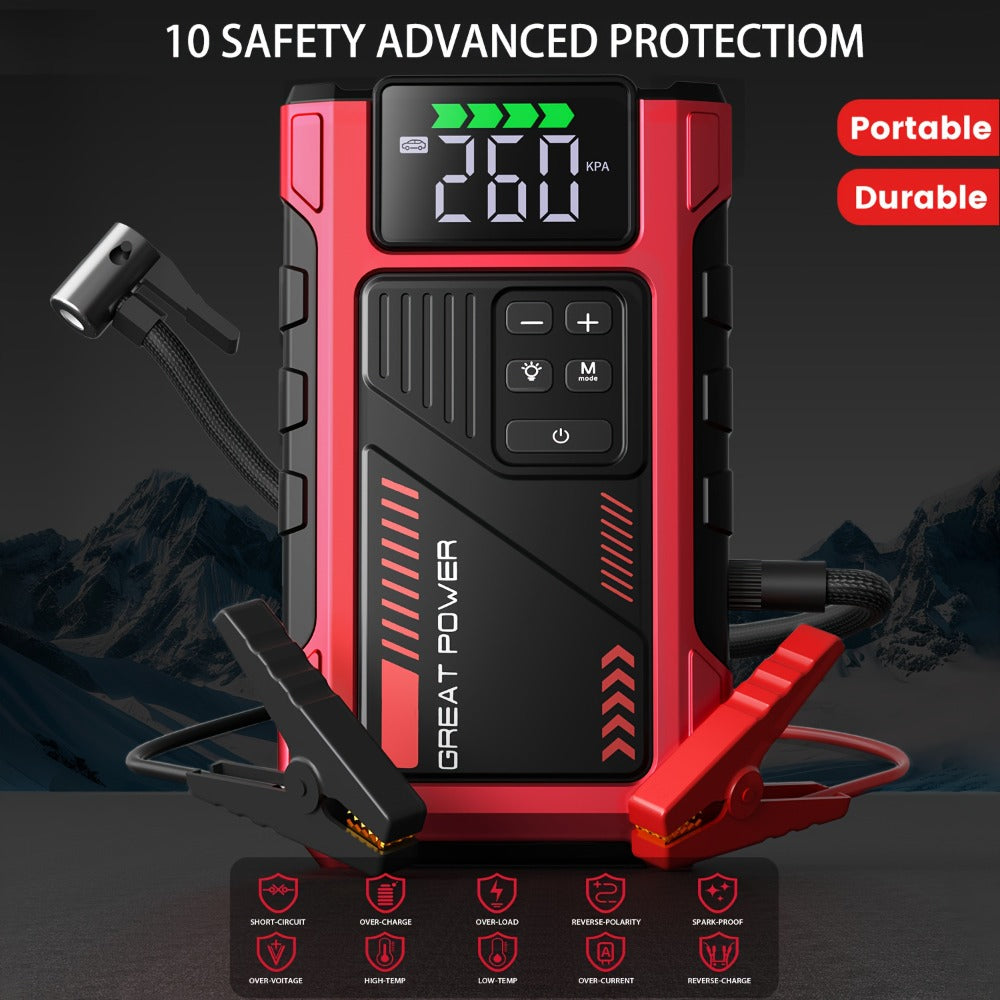 Portable Jump Starter 9-in-1 with Air Compressor – 12V Car Battery Booster for 8.0L Gas & 6.5L Diesel, USB-C, LED Emergency L