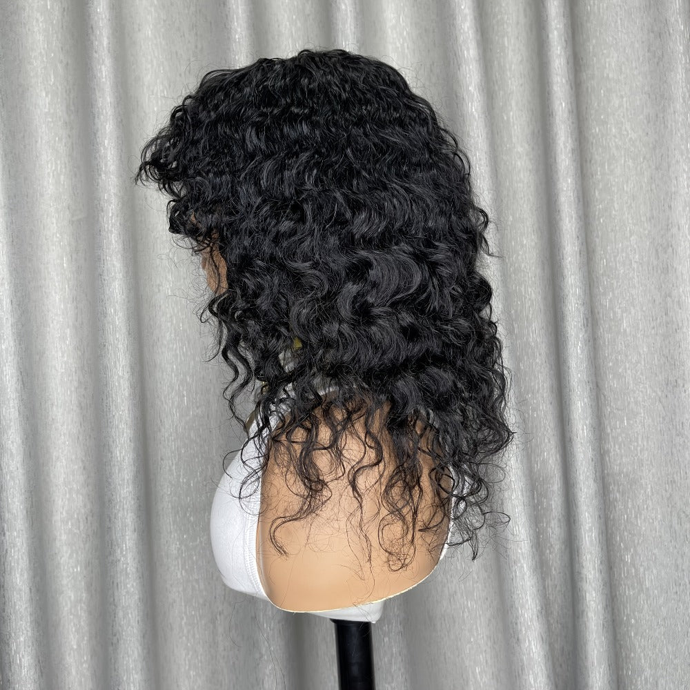 Remy Human Hair Water Wave Wig with Bangs Glueless Full Machine Made Rose Net Cap, for Home, Travel and Salon Hair Styling — 