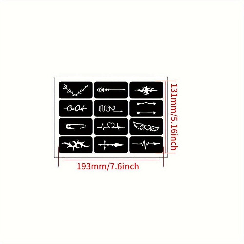 DIY Tattoo Stencils Set 12 Sheets Hollow Design Templates | Reusable Body Art Kit for Arm Ankle Ear Wrist | Waterproof Compat