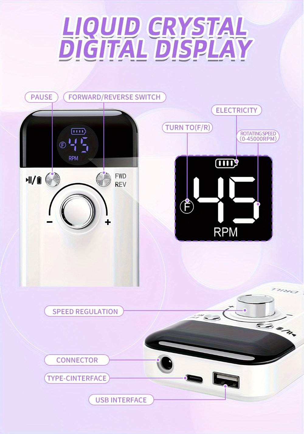 Electric Nail Drill 45000 RPM Rechargeable Kit with LCD Display and V6 Pink or White Options — image 14