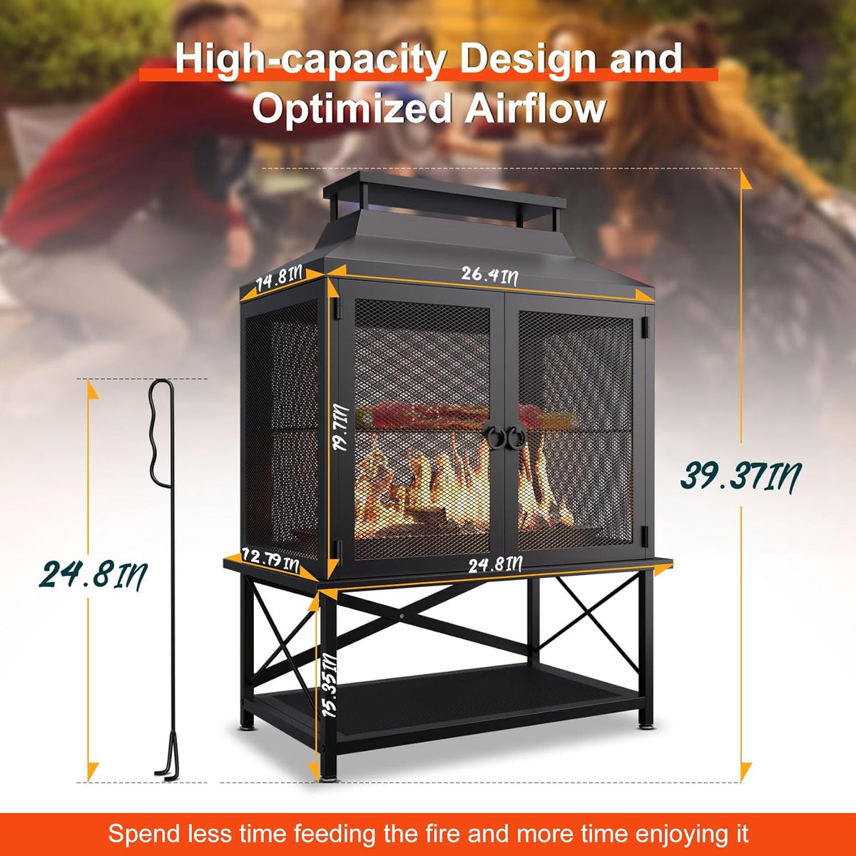 Outdoor Fireplace 39 Inch Rectangular Wood Burning Fire Pit with Grill, Spark Screen & Poker — image 6