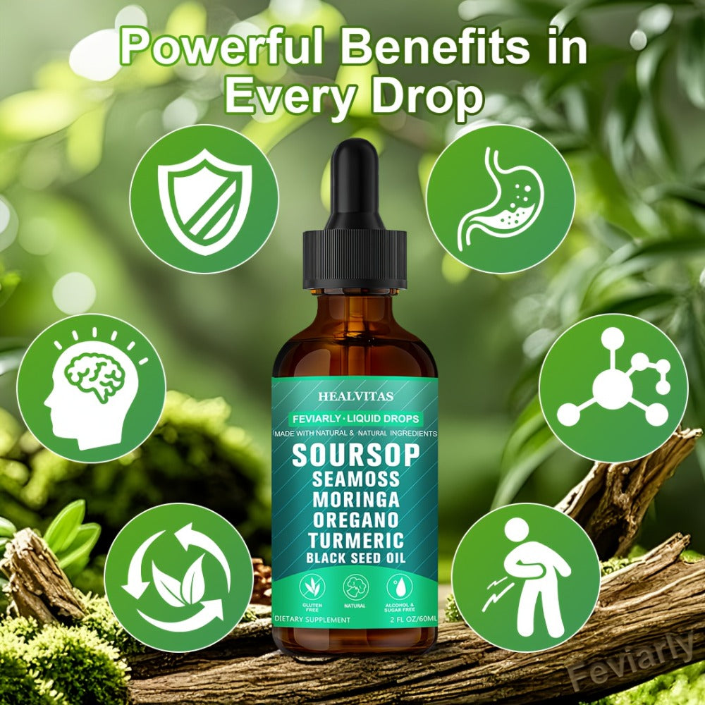 Soursop Bitters Liquid Drops 10-in-1 with Sea Moss Moringa Turmeric Black Seed Oil Oregano for Bath Time, Home Spa and Person