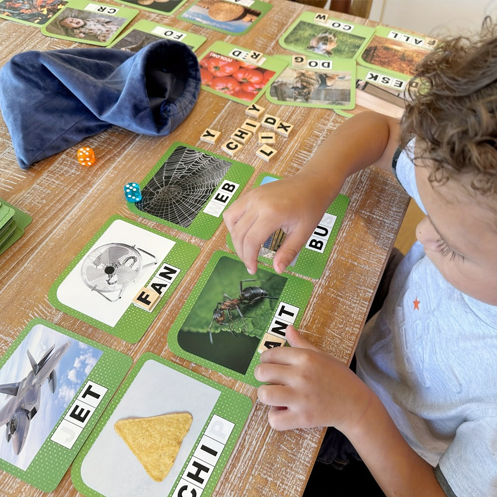 Spelling Flash Card Game for Kids Ages 4-8 – 224 Phonics Sight Word Flashcards, 208 Wood Letter Tiles & Dice — image 7