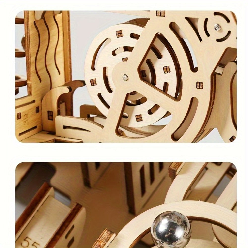 Wooden Marble Track Model Kit with Dual-Linkage A or B Builds, Laser-Cut Panels, Gears and Ball Rails — image 23