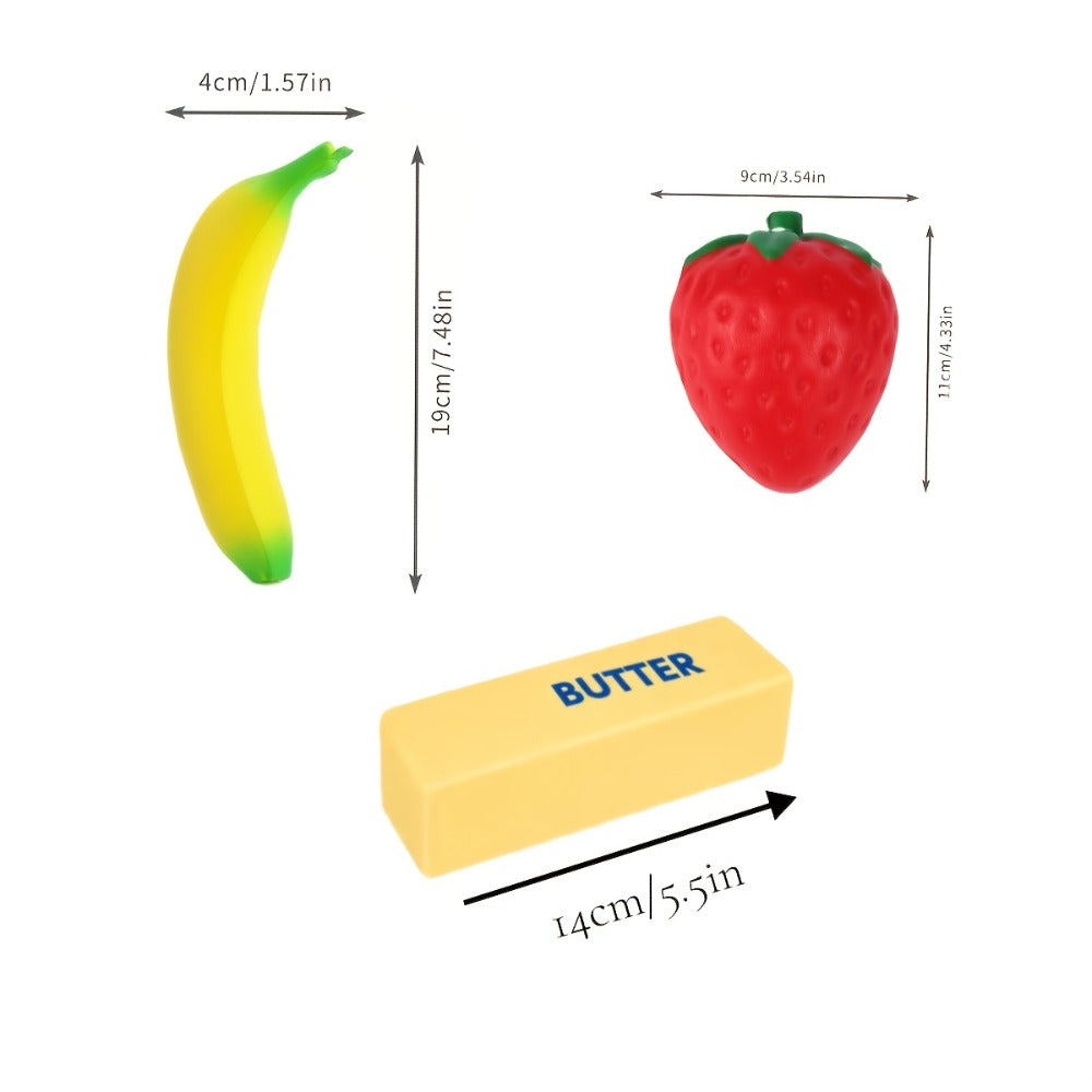 Squishy Food Toy Set 3pcs Slow Rising PU, Pretend Play Simulation Food Butter Banana Strawberry, Sensory Squeeze Stress Toy —