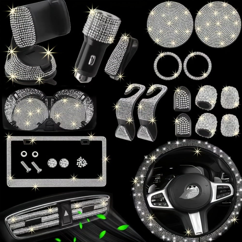 27pcs Bling Car Accessories Set for Women – Steering Wheel Cover 15", Car Coasters, License Plate Frame & Phone Holder — imag