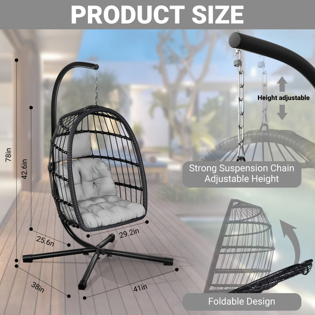 Outdoor Egg Chair with Stand Rattan Wicker Hanging Swing Hammock Chair Thickened Aluminum Frame UV-Resistant Cushion 350LBS C