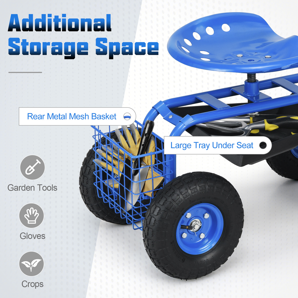 Rolling Garden Cart with Adjustable Swivel Seat, 10" Pneumatic Tires, Storage Basket & Tool Tray — image 5