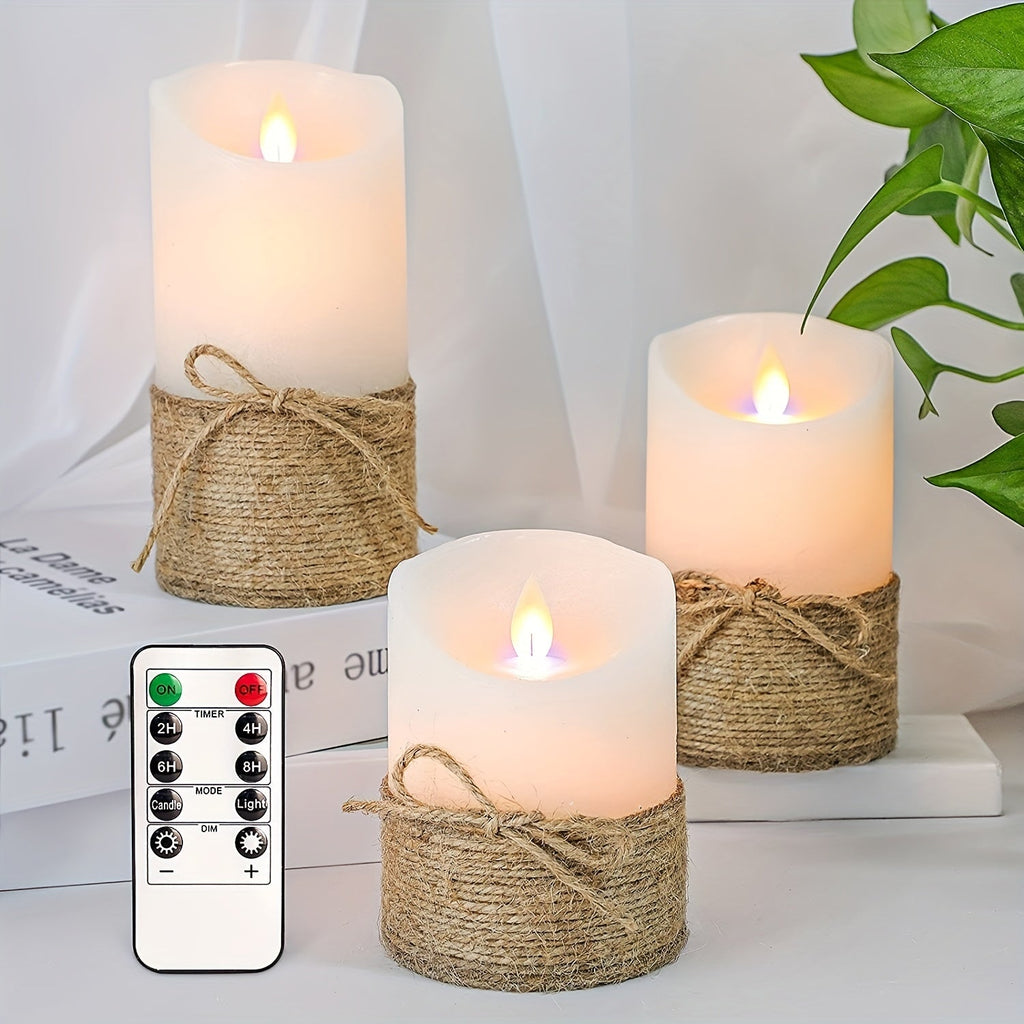 Flameless LED Pillar Candles Set of 3 Battery Operated with Remote Timer Flickering Jute Rope Home Bedroom Ocean Theme Decor 