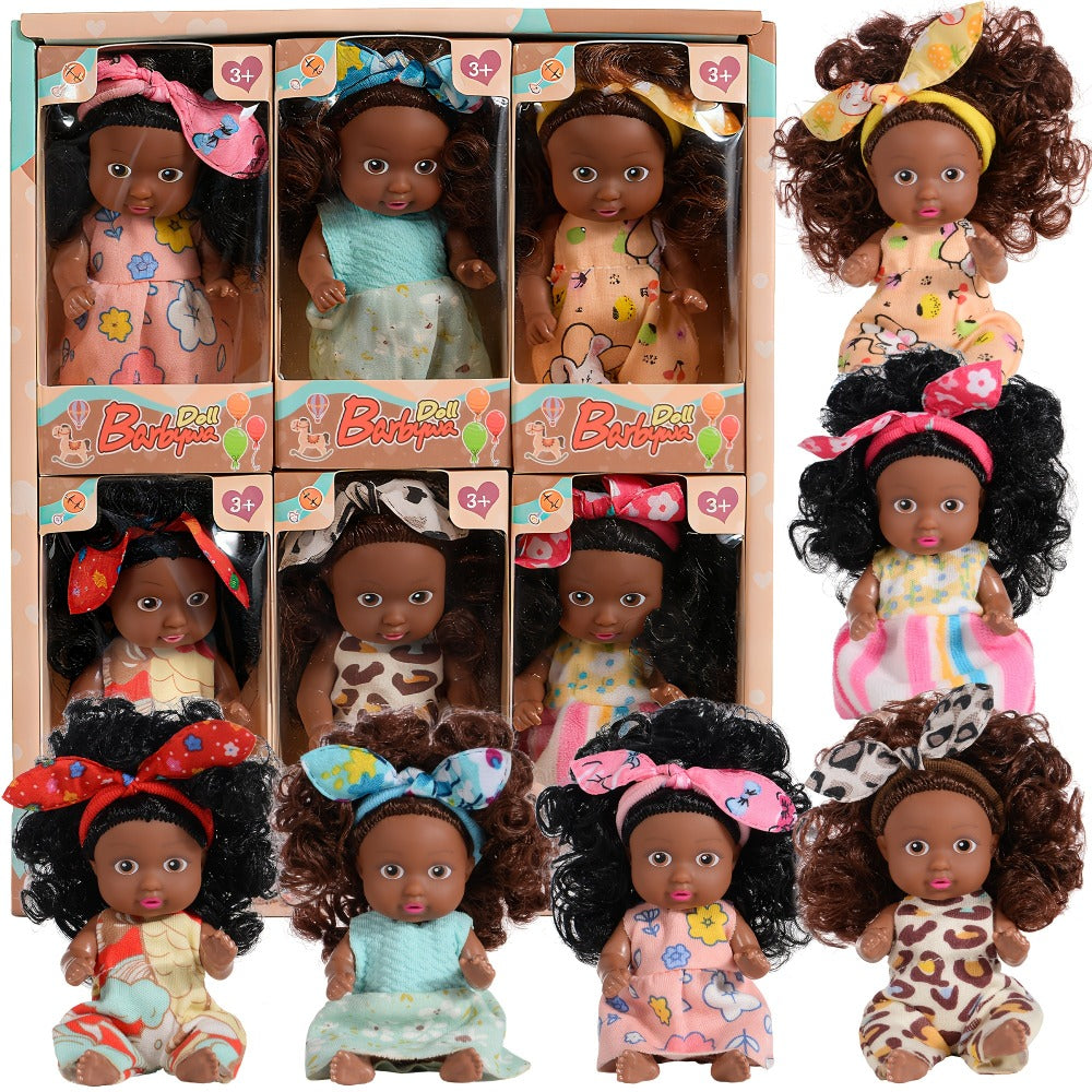 Mini Baby Doll Six-Piece Set with Dark Skin Tones, 4.53-Inch Dolls, Curly Hair and Patterned Outfits — image 3