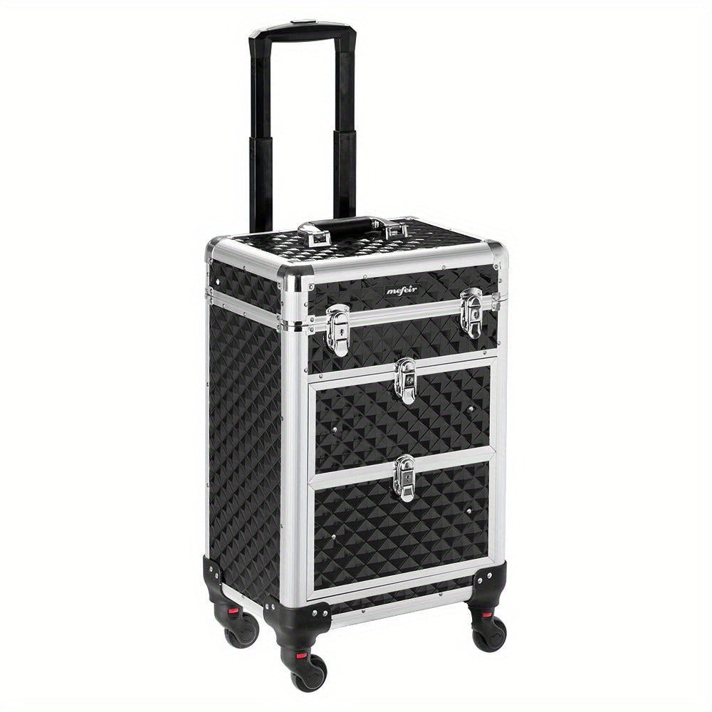 Black Rolling Makeup Train Case with Four Wheels, Telescoping Handle, Three Top Trays and Two Drawers — image 3