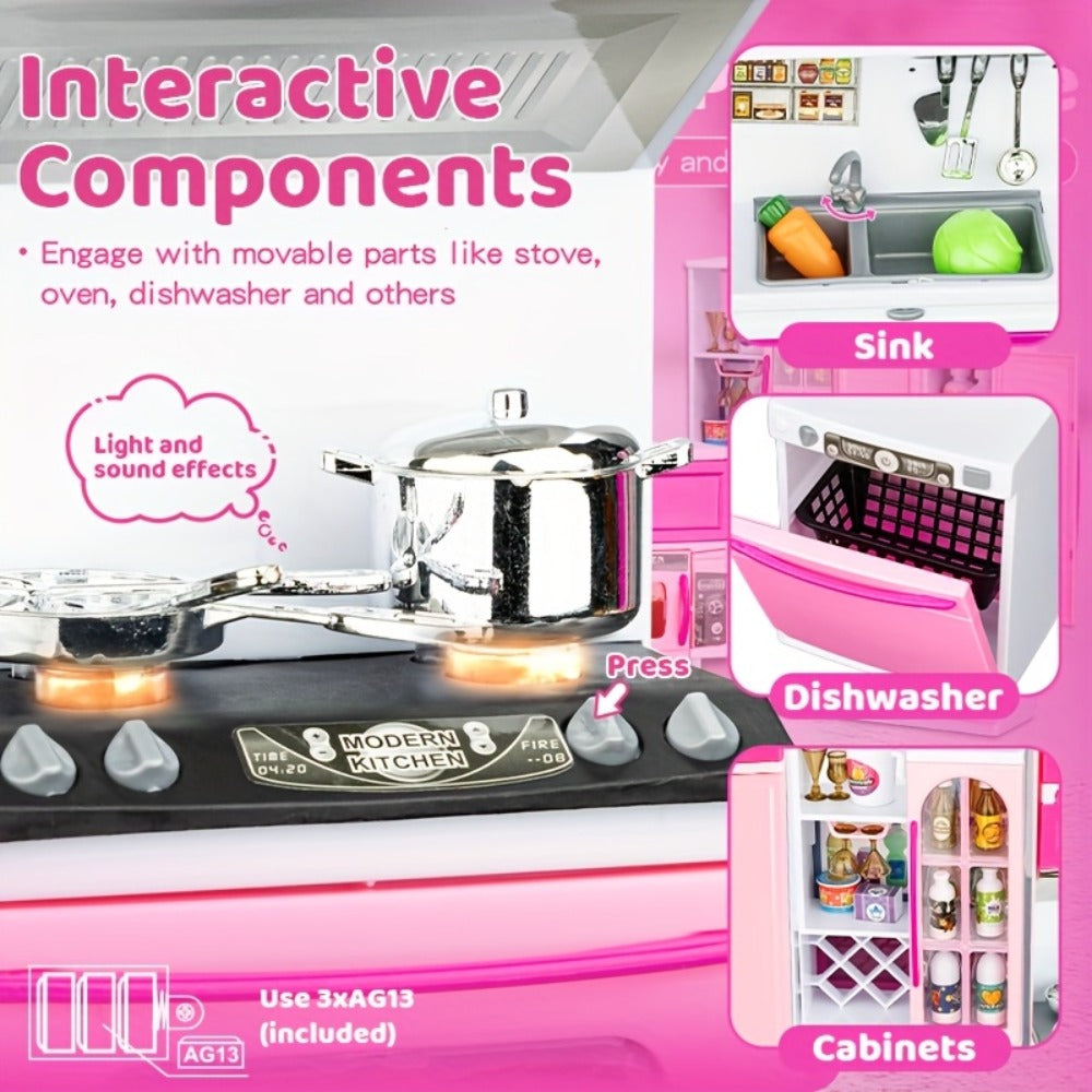 Pink Kitchen Toy Set 64pcs with Lights & Sounds, Mini Furniture Doll Playset for Girls, Pretend Play Kitchen Accessories — im