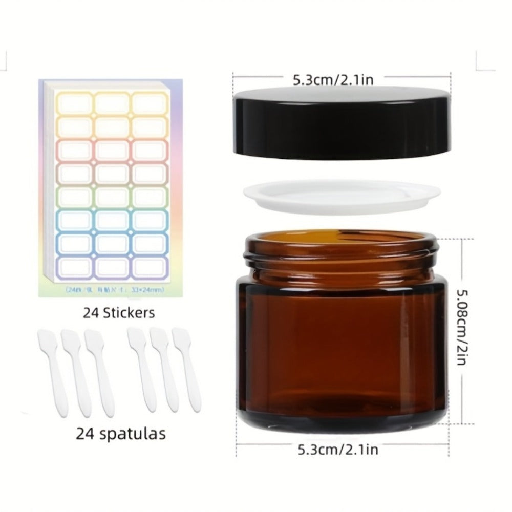 Brown Frosted Glass Jars with Lids 24 Pack – 2 oz Amber Glass Cosmetic Containers with Spoons & Labels, Non-Slip Base — image
