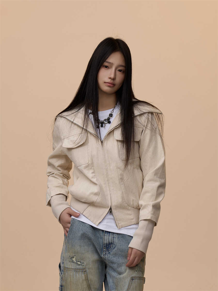 Antique Beige Lapel Design Jacket For Women Baggy Coat