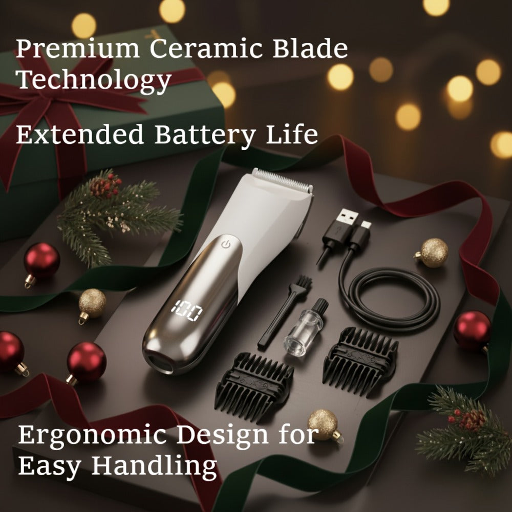 V-Shaped Ceramic-Blade Body Hair Trimmer with LCD Display, USB Cable, Guide Combs and Six Finish Options — image 3