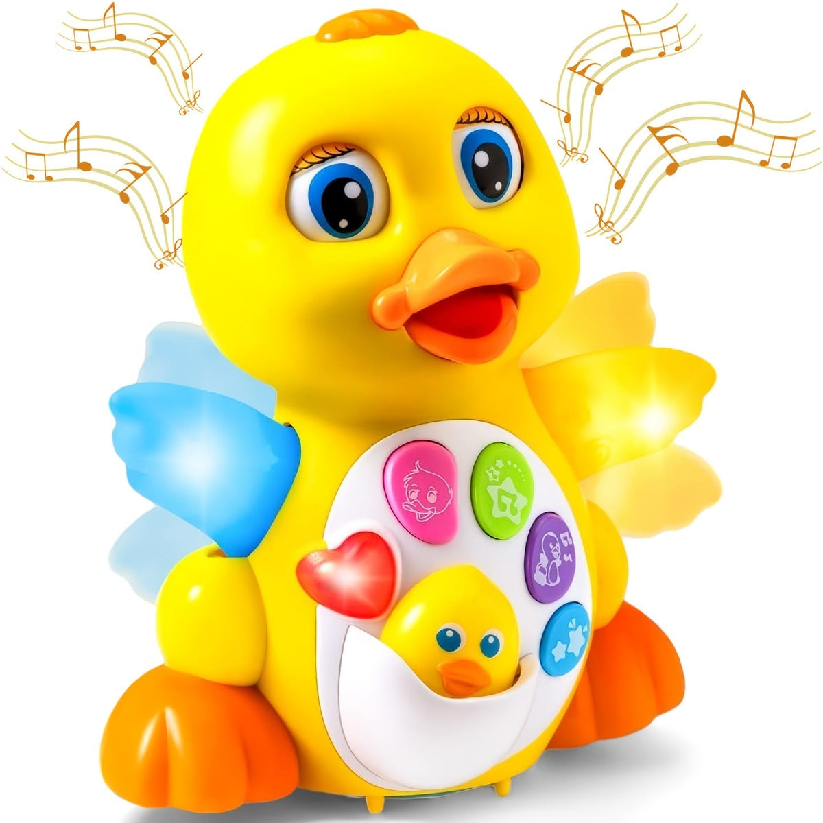 Musical Walking Duck Toy with Five Front Buttons, Flashing Wings and Rotating Wheel Base Pictured — image 9