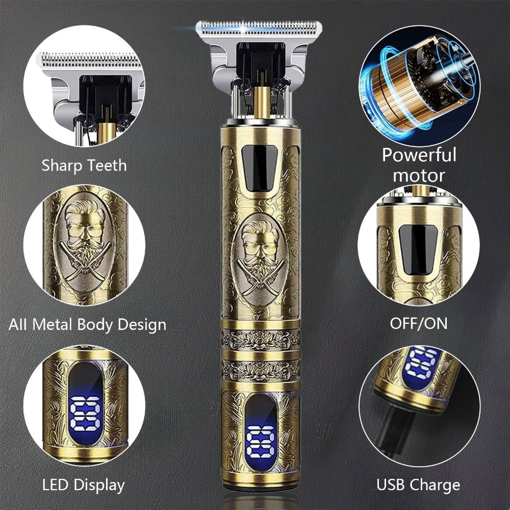 Hair Clippers & Trimmers Vintage Gold T-Blade Model with LCD Display, USB Charging and Three Etched Designs — image 2