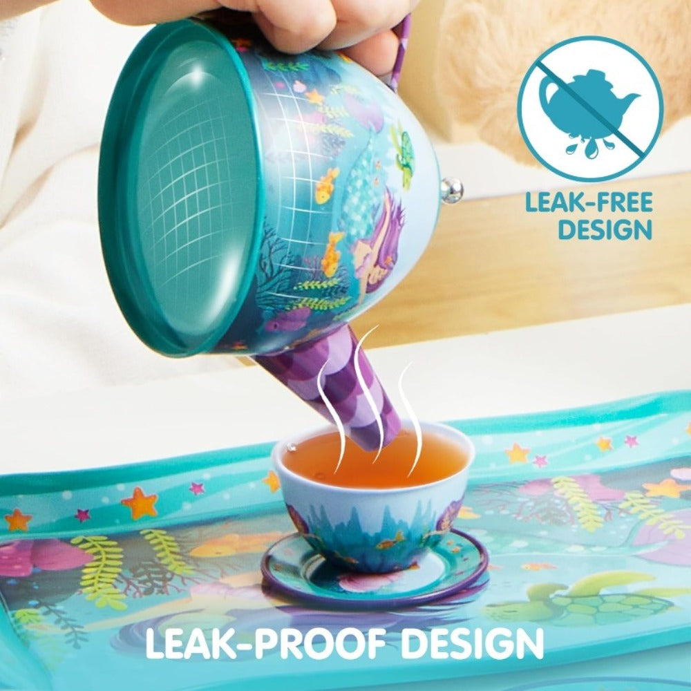 Mermaid Tea Party Set for Girls 21pcs, Tin Teapot, 4 Cups, Saucers, Plates & Carrying Case, Pretend Play Kitchen Toy for Todd