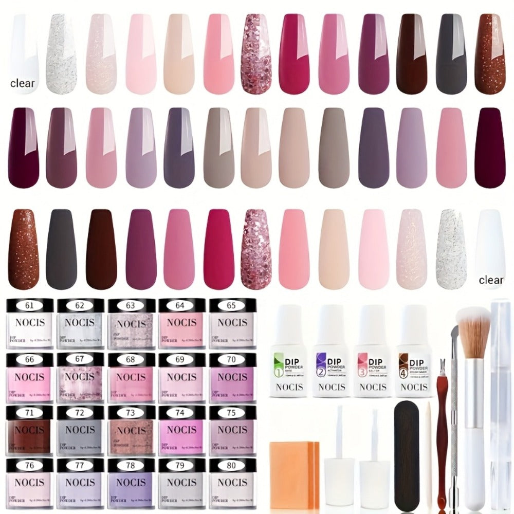 Dip Powder Nail Kit with NOCIS Label, 20 Pink Purple Brown Glitter Powders, Four Liquids and Nail Tools — image 3