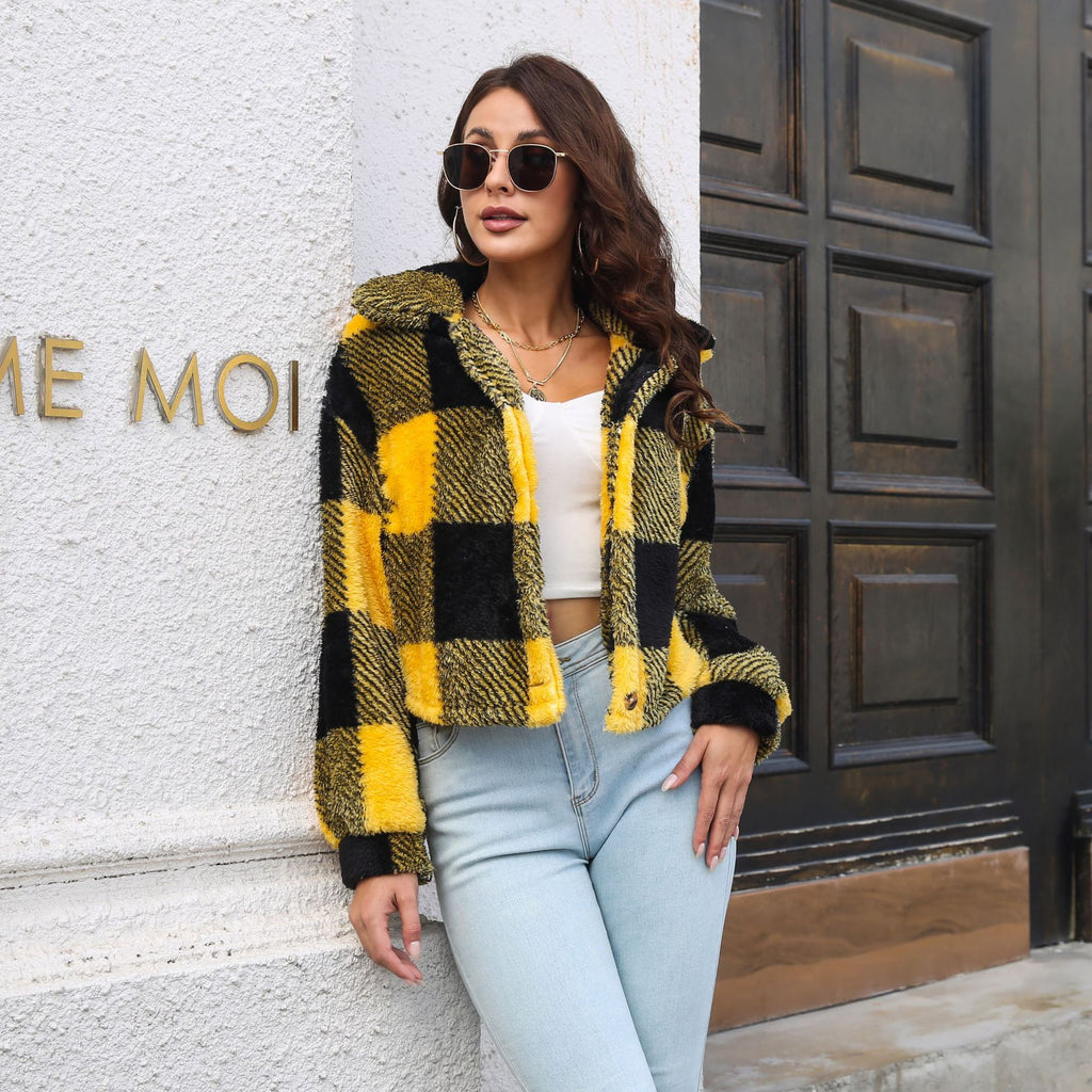 Plaid Double Sided Velvet Jacket For Women Lantern Sleeve Loose Short Coat Autumn And Winter Plush Clothing