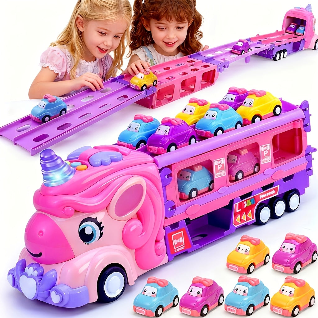 Pink Unicorn Monster Truck Track Set with 8 Princess Cars, Lights & Sounds with the Listed Color, Size or Set Options for Eve