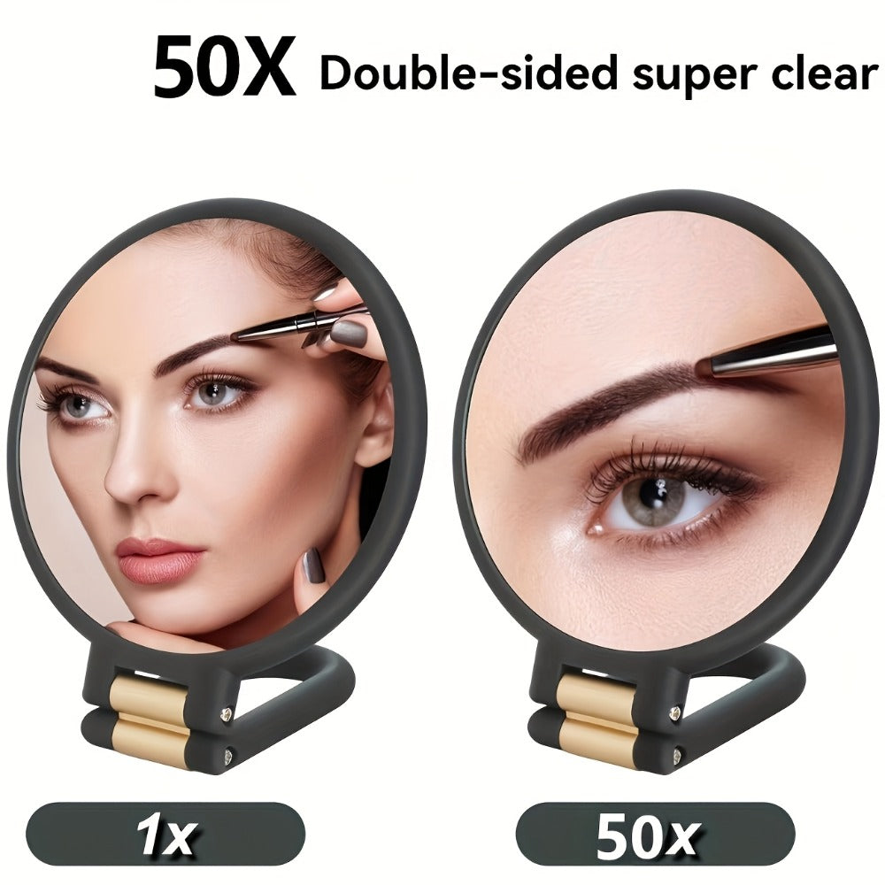Makeup Mirror Dual-Sided 1X and 50X Handheld Round Compact with Folding 360° Handle in Black or White — image 1