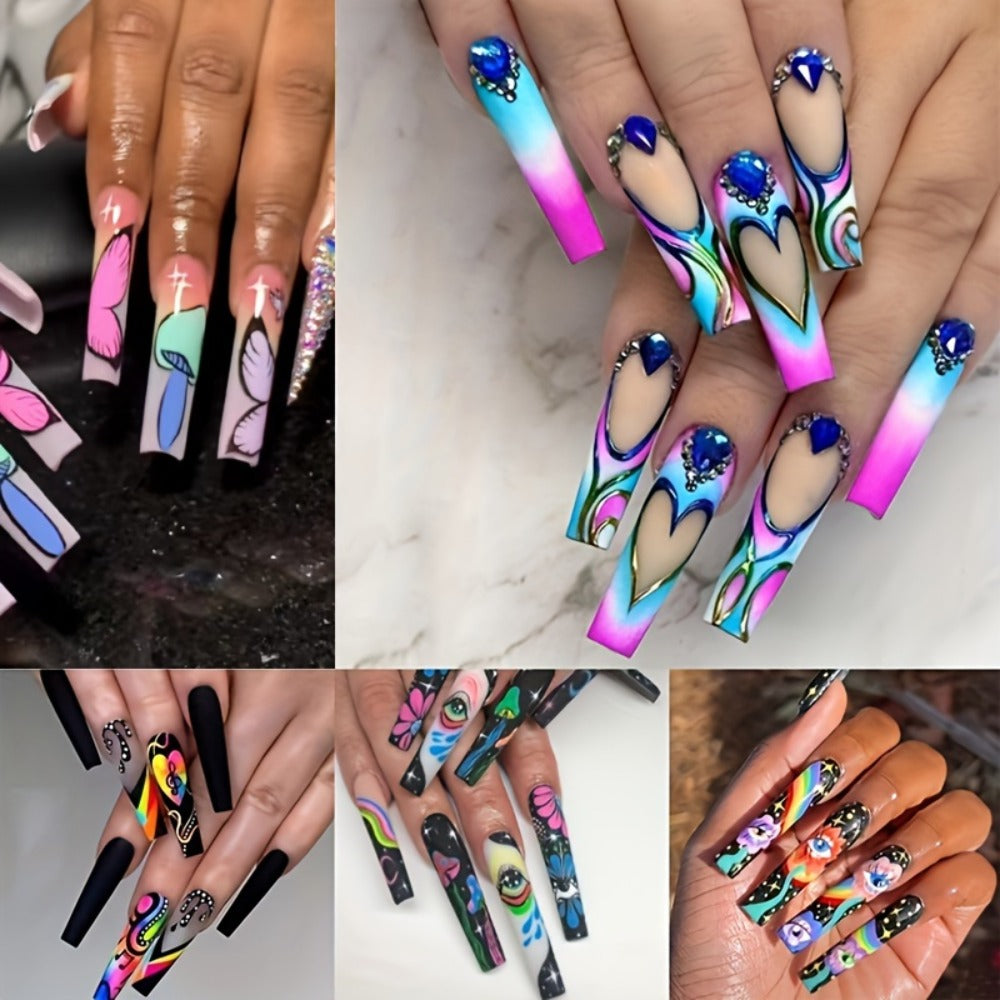 Press On Nails 120-Piece Extra-Long Five-Box Cosmic Eye Rhinestone Matte Floral Stripe Set with Glue — image 10