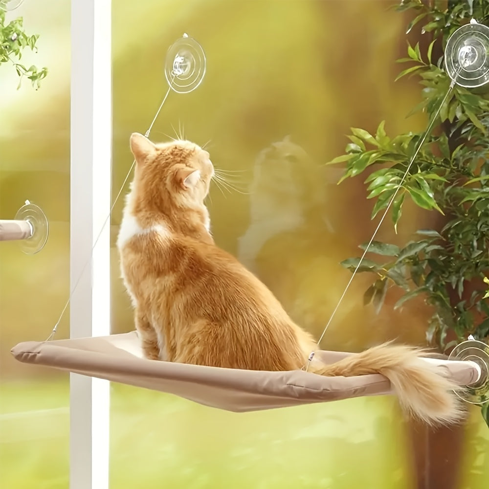 Khaki Cat Window Hammock with 55x40cm Fabric Platform, PVC Tube Frame, Cables and Suction Cups — image 1