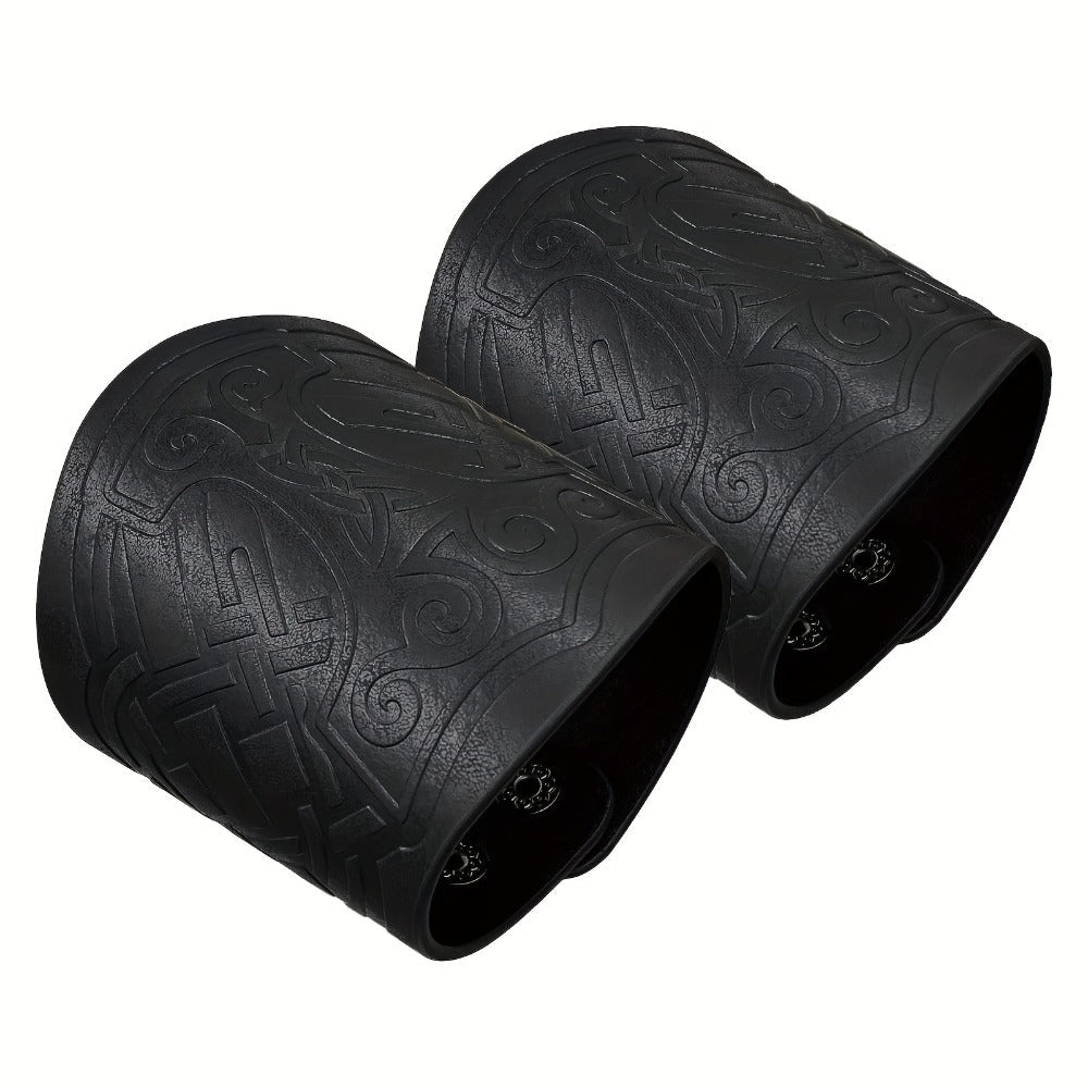 Viking Leather Cuff Bracelet Set 2pcs Norse Mythology Mjolnir Vegvisir Embossed Wristband for Men Women Halloween Gift — imag