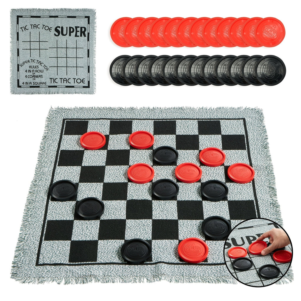 Giant Checkers Game 3-in-1 Set with Tic Tac Toe Reversible Mat 24 Oversized Pieces – Indoor Outdoor Family Board Game for Kid