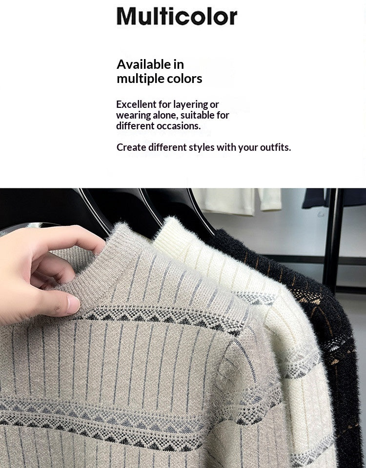 Mens Knitted Fleece-lined Thick Crew-neck Faux Mink Sweater