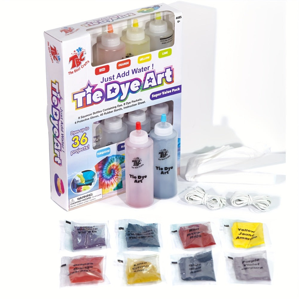 Tie-Dye Craft Kit with Eight Squeeze Bottles, Dye Packets, 40 Rubber Bands, Gloves and Instruction Sheet — image 1