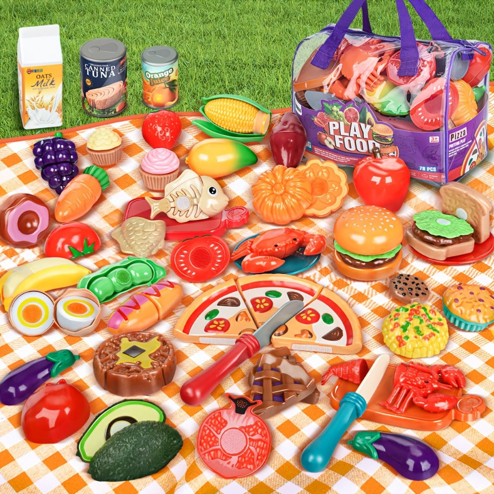78 Pcs Kids Kitchen Toy Set with Storage Bag - Pretend Play Dinnerware, Fake Fruits & Vegetables — image 2
