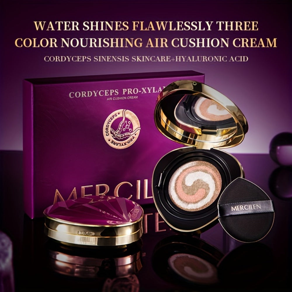 Air Cushion BB Cream Foundation Moisturizing Medium Coverage Dewy Finish with Plant Squalane Glycerin Tri-Color Adaptive Blen