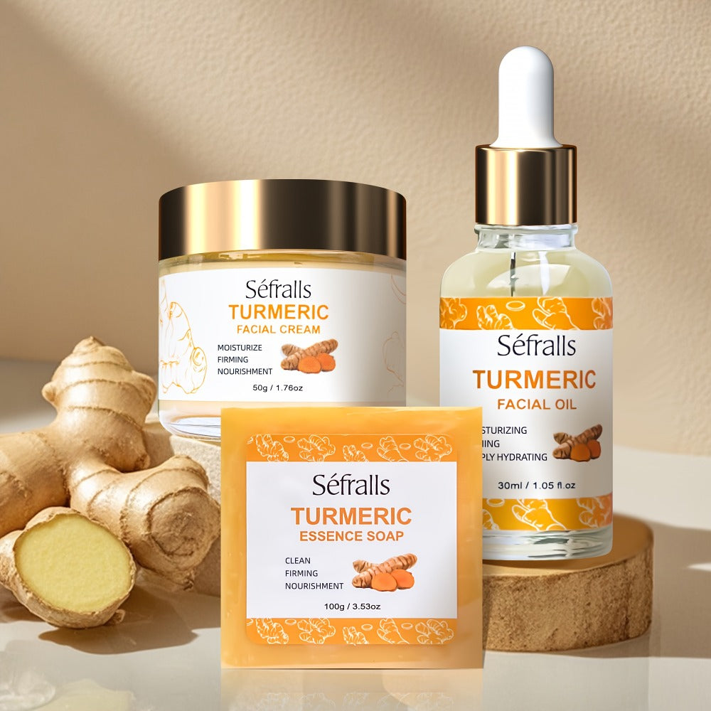 Turmeric Skincare Set 3 Pcs – Turmeric Face Cream, Facial Soap & Essential Oil Kit for Deep Pore Cleansing, Brightening & Moi