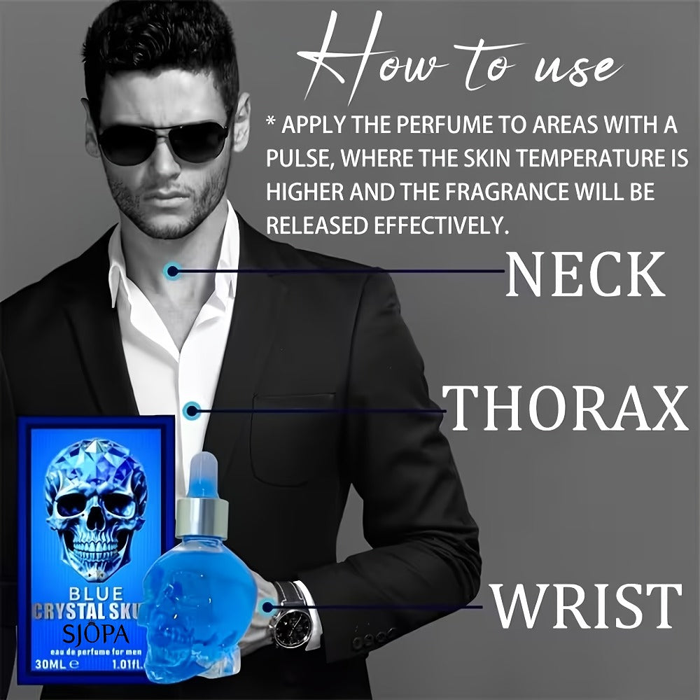 Alcohol-Free Perfume Oil for Men Blue Crystal Skull Bottle 30ml Woody Cologne Portable Travel Fragrance Unique Gift for Him —