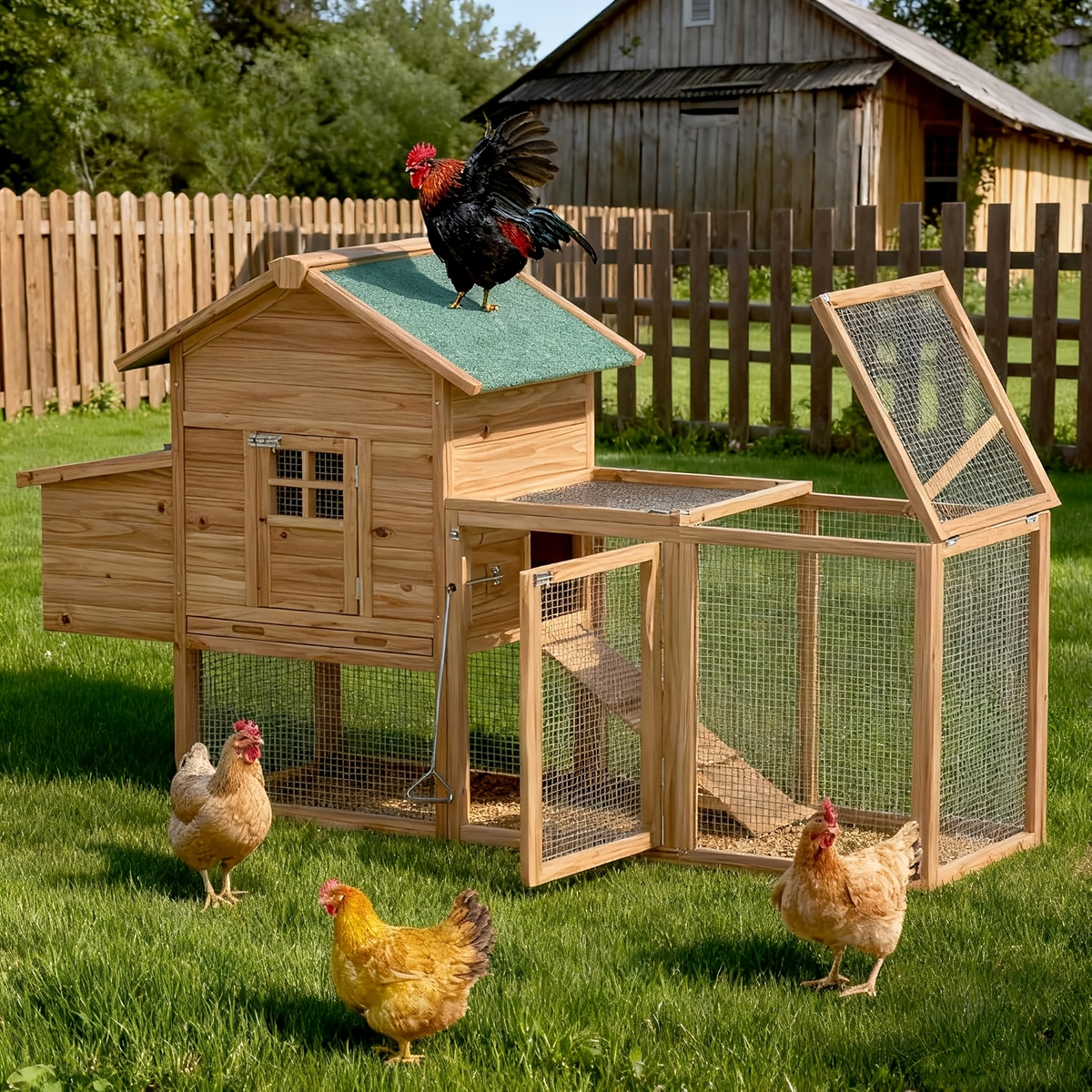 Chicken Coop with Run Large Outdoor Wooden Hen House 82 Inch Walk-in Poultry Cage for 2-4 Chickens Ducks for Garden, Patio an