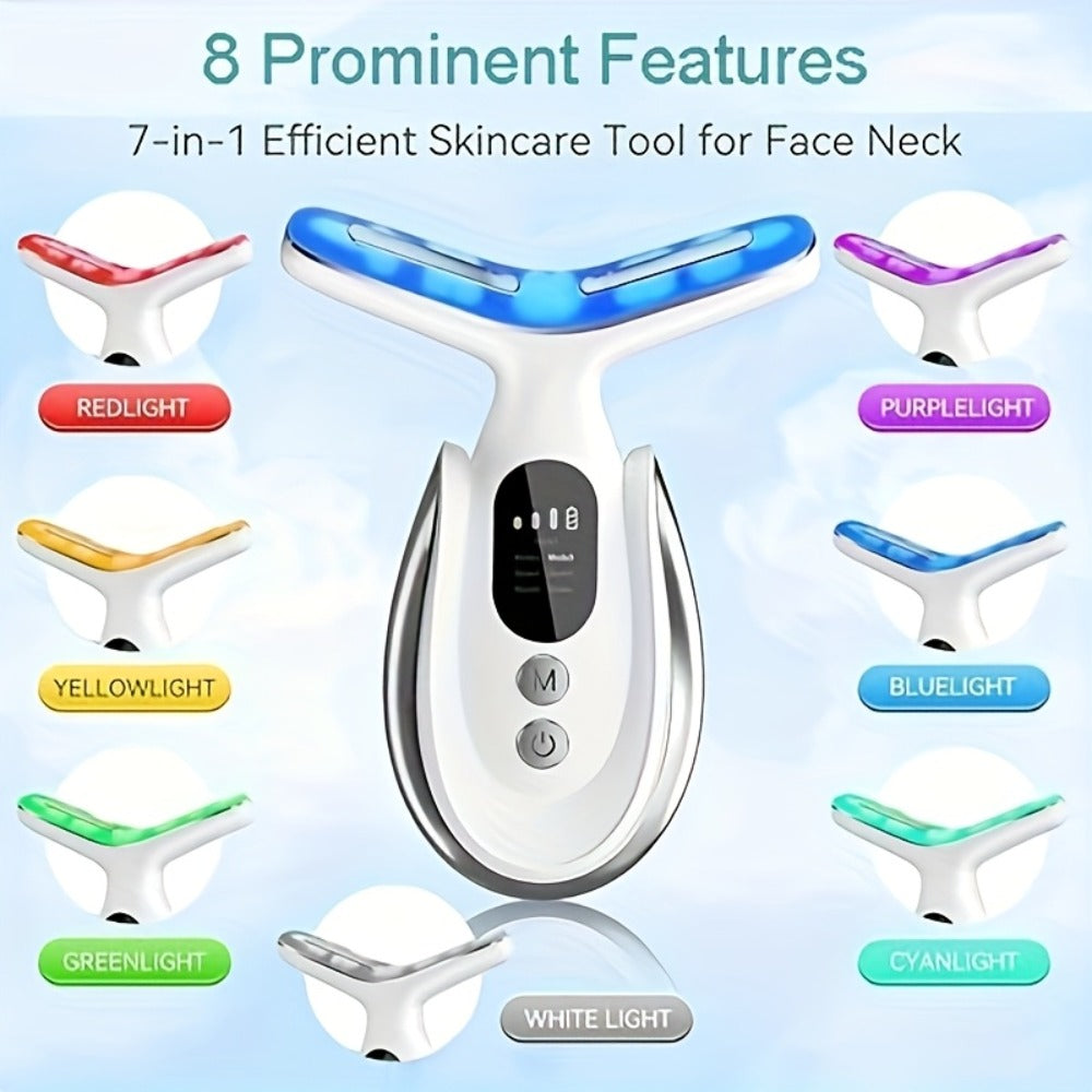 Face & Neck Massager 7-in-1 LED Light Therapy USB Rechargeable - Multifunctional Facial Lifting Wrinkle for Home or Salon Spa