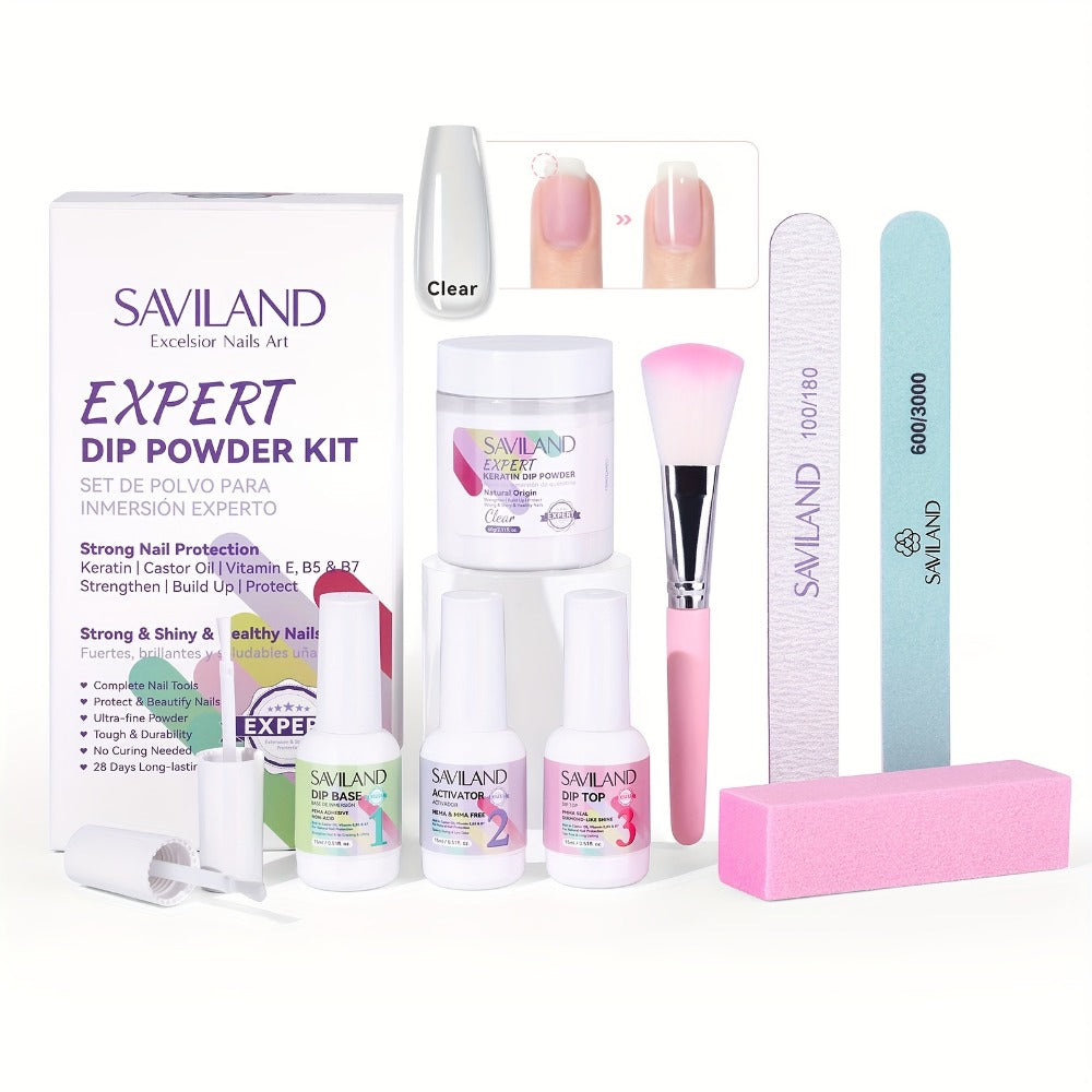 Dip Powder Nail Kit with SAVILAND Label, 60g Clear Powder, Three 15ml Liquids, Files, Buffer and Brush — image 2