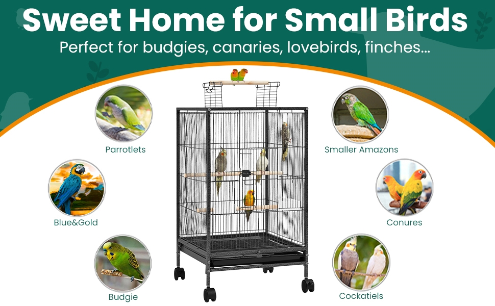 Bird Cage with Rolling Stand Open Top 31 Inch Wrought Iron Black – Slide Out Tray Feeder Doors, for Everyday Bird and Small A