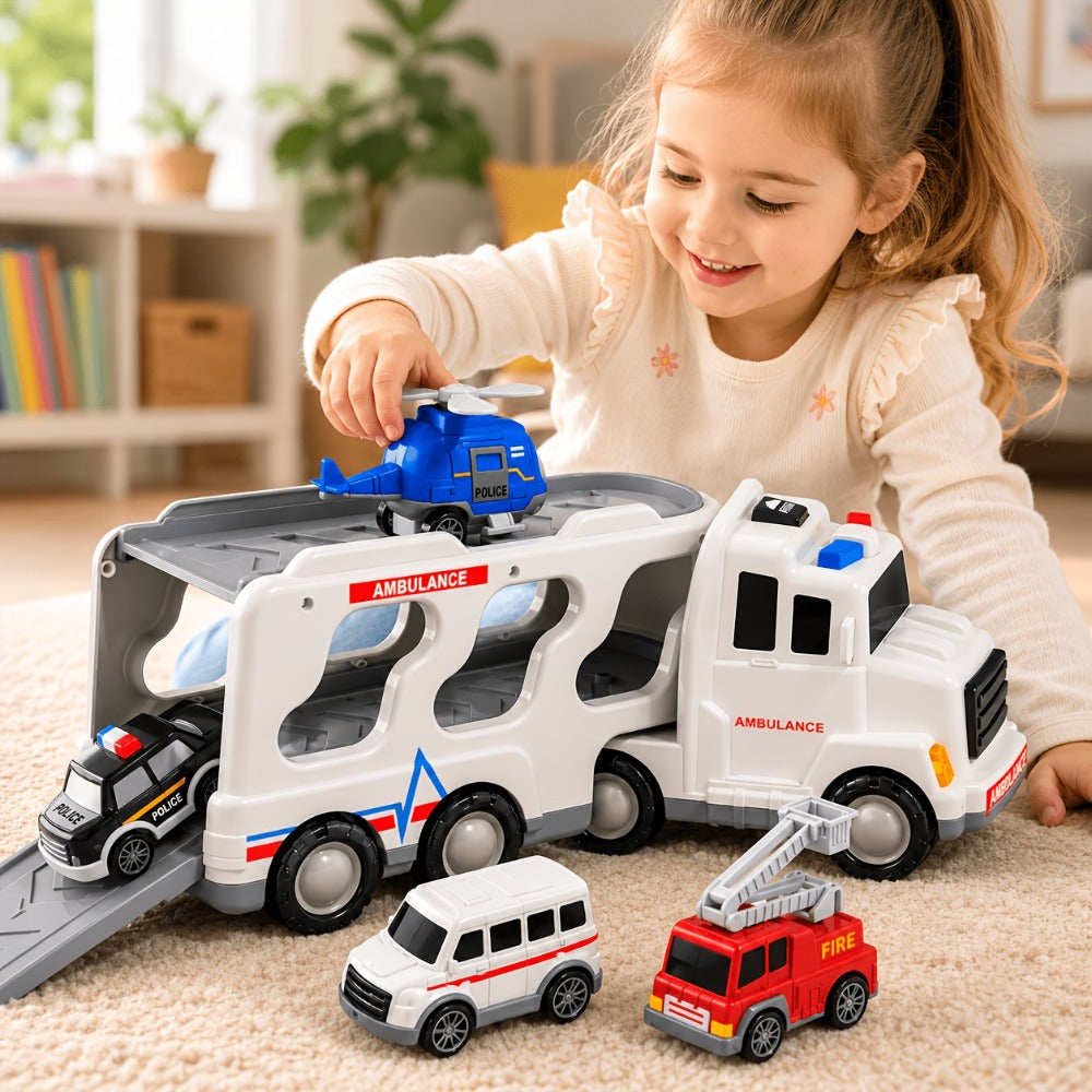 Ambulance Carrier Truck Toy Set 5-in-1 with Light & Sound for Kids Ages 3-8 with the Listed Color, Size or Set Options for Ev