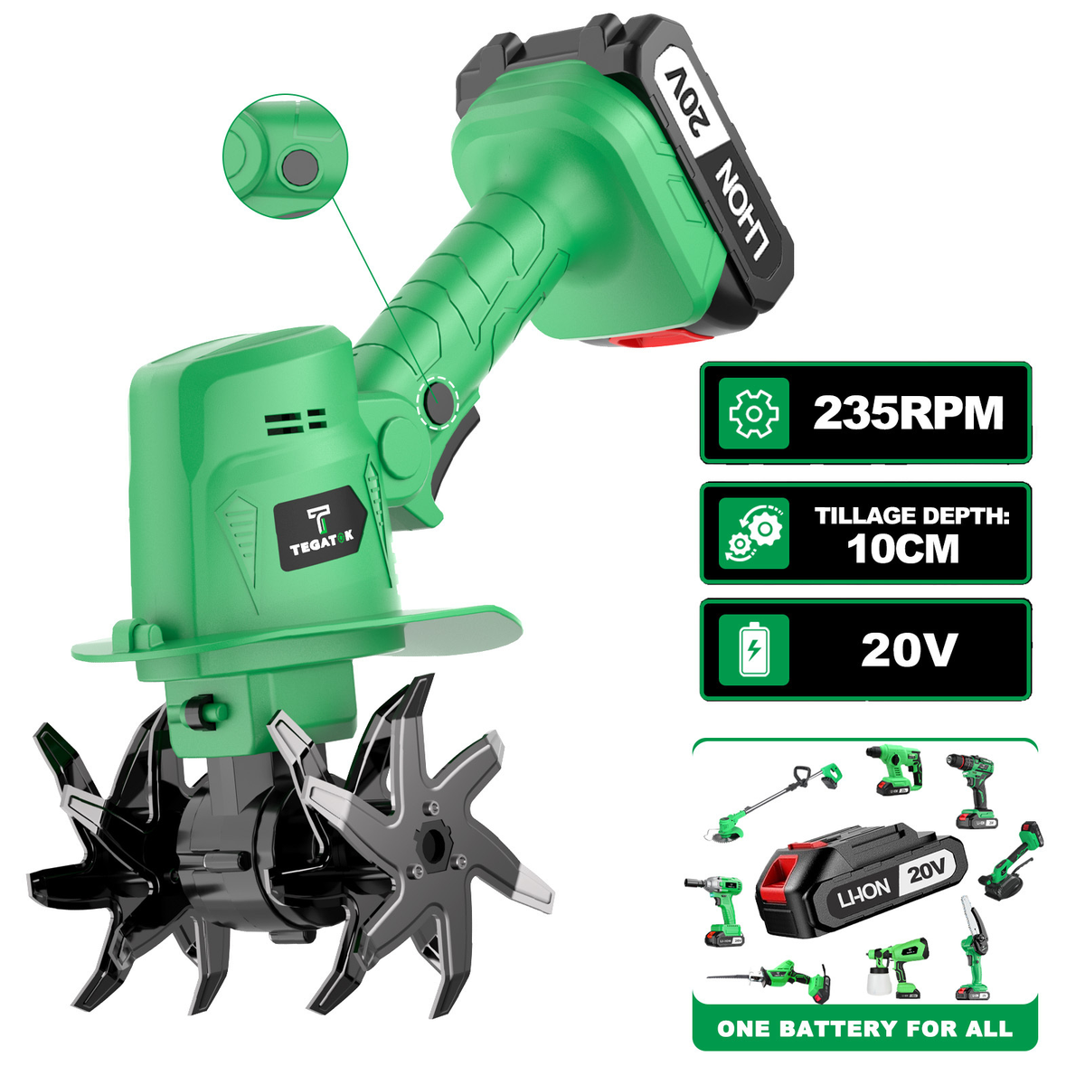Cordless Electric Tiller 20V Handheld - 9-Inch 235RPM Garden Cultivator with Handle, Metal Soil Tiller for Weeding — image 9