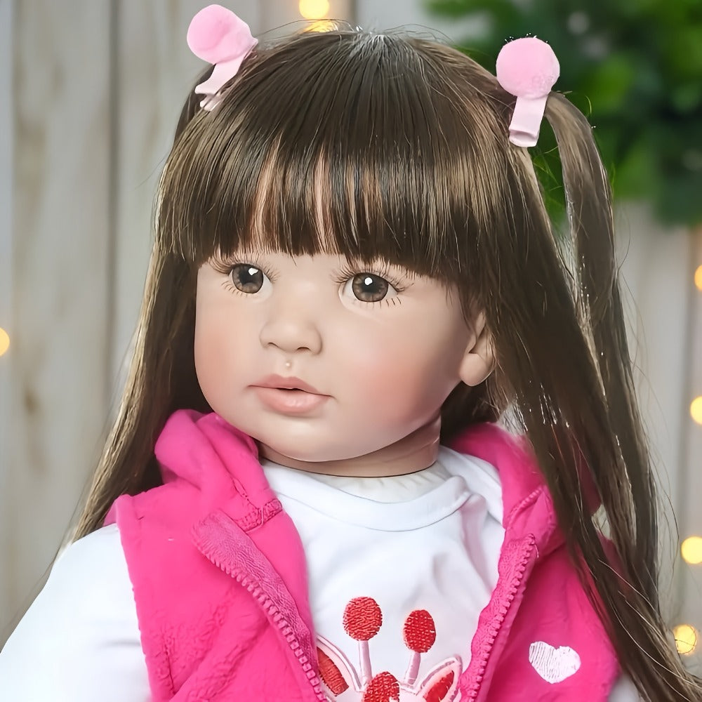 Open-Eye 24-Inch Girl Doll with Long Dark Hair, Pink Vest, Spotted Outfit and Plush Companion — image 3