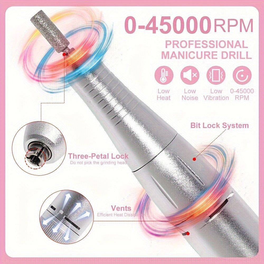 Electric Nail Drill 45000 RPM Cordless Kit with Power Display, Adjustable Speed and Three Colors — image 2