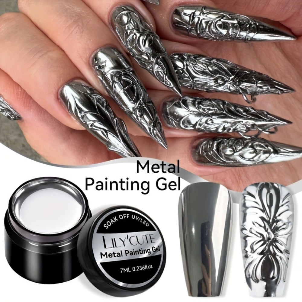 Metallic Silver Nail Art Painting Gel in 7ml LILYCUTE Jar with Fine Detail Brush for Lines and Floral Patterns — image 2