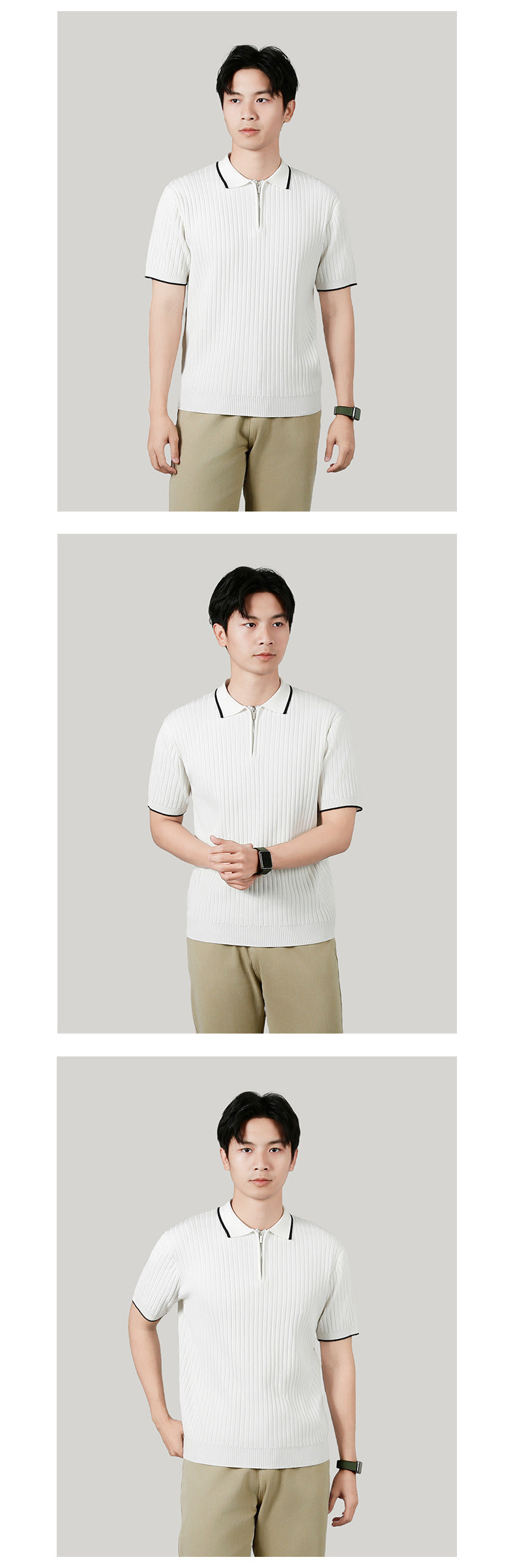 Men's Half-zip Ice Silk Knitted Lapel Vertical Striped Top