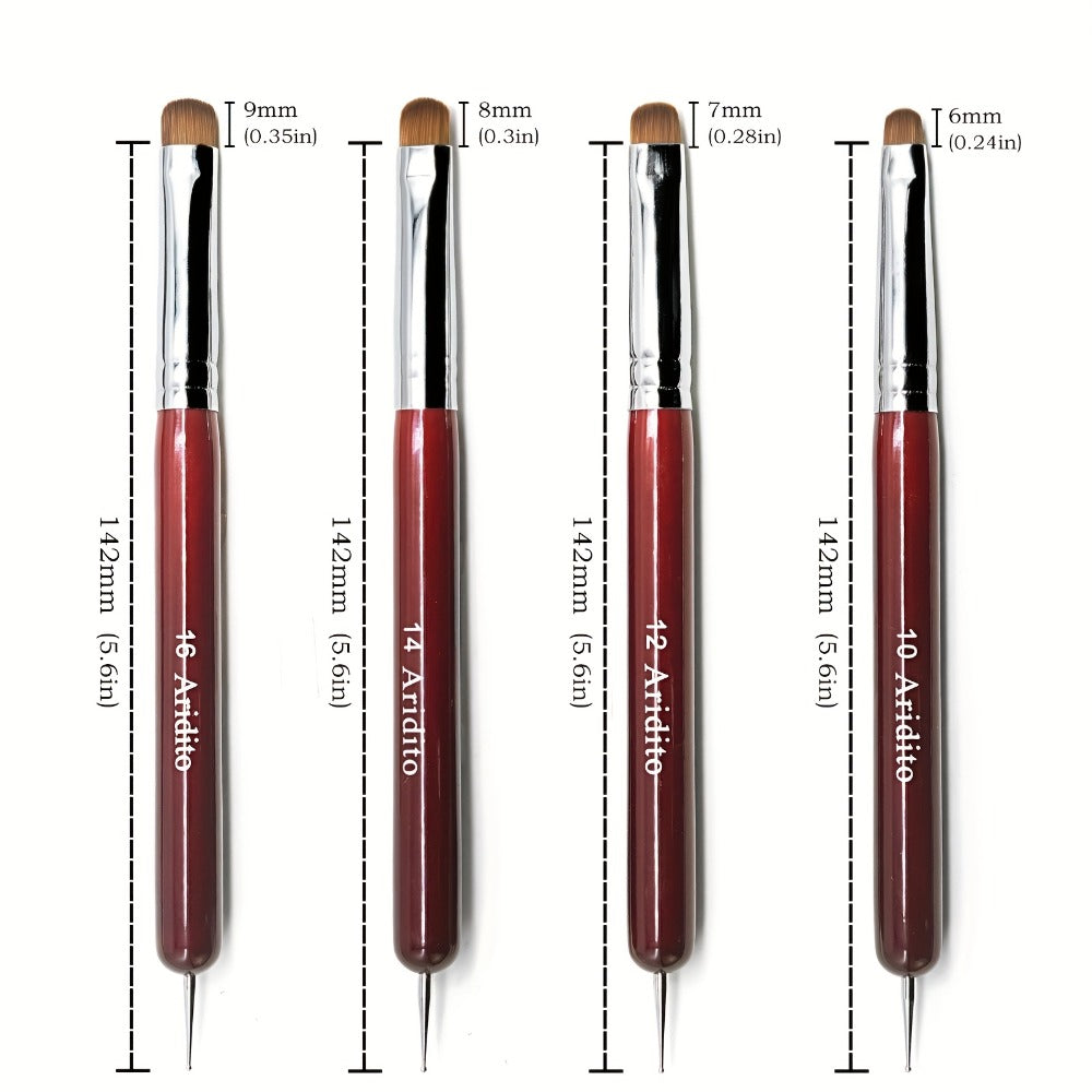 Acrylic Nail Art Brushes Set 4pcs with Dotting Pens – Red Wood Handle Precision Tips #10 #12 #14 #16 for French Manicure Nail