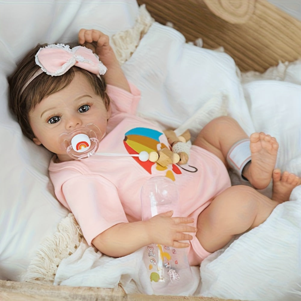 Reborn Doll, Soft-Body Sleeping Figure with Hand-Painted Details, Purple Bows and Floral Outfit — image 5