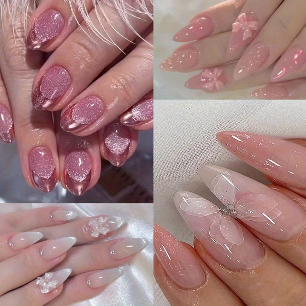 Press On Nails 96-Piece Almond Four-Pack Ice Pink Gradient Flower Butterfly Glossy Full-Cover Set — image 10